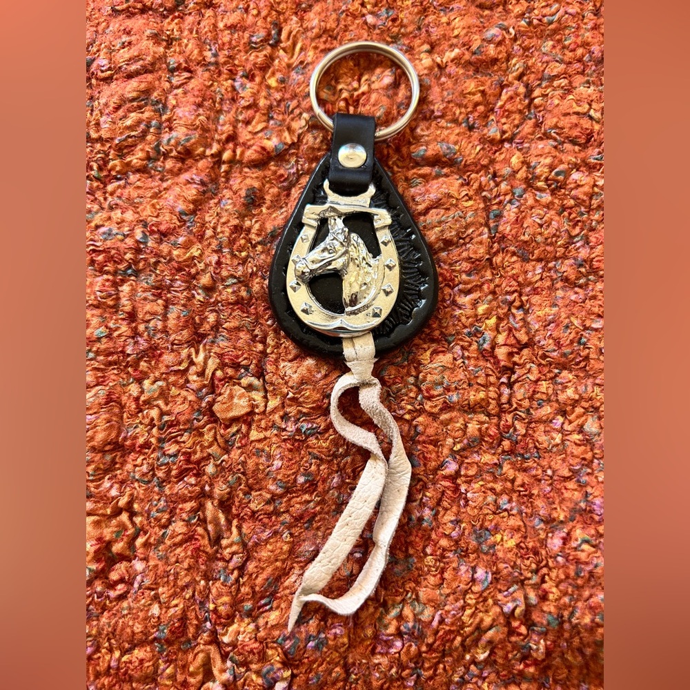 Black Leather Keychain with Horse Emblem